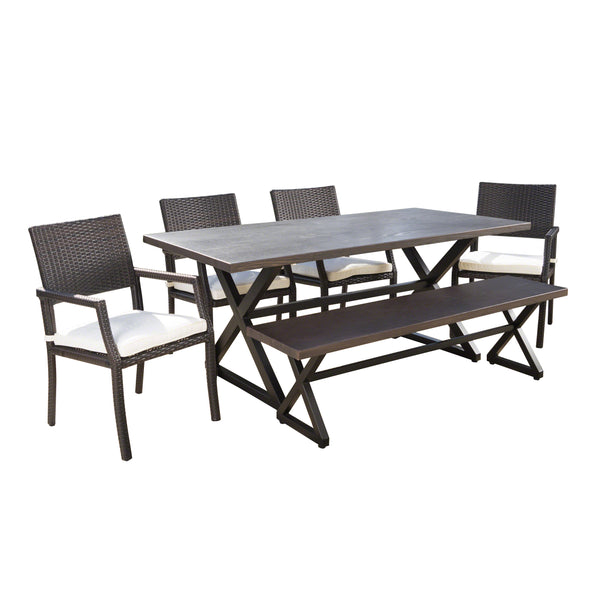 gdf studio Sherman Outdoor 6 Piece Aluminum Dining Set with Bench and Wicker Dining Chairs