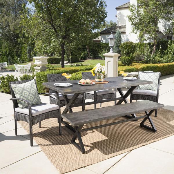 Gdf Studio Sicily Outdoor 6 Piece Gray Aluminum Dining Set With Bench And Gray Wicker Dining Chairs