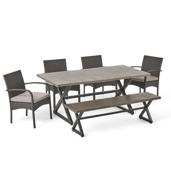 gdf studio Sicily Outdoor 6 Piece Gray Aluminum Dining Set with Bench and Gray Wicker Dining Chairs