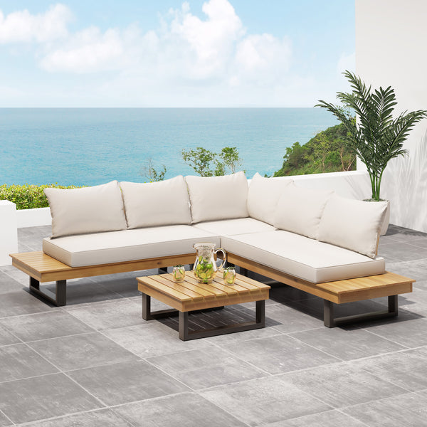 Gdf Studio Sierra Outdoor Acacia Wood 5 Seater Sofa Sectional With Water-Resistant Cushions