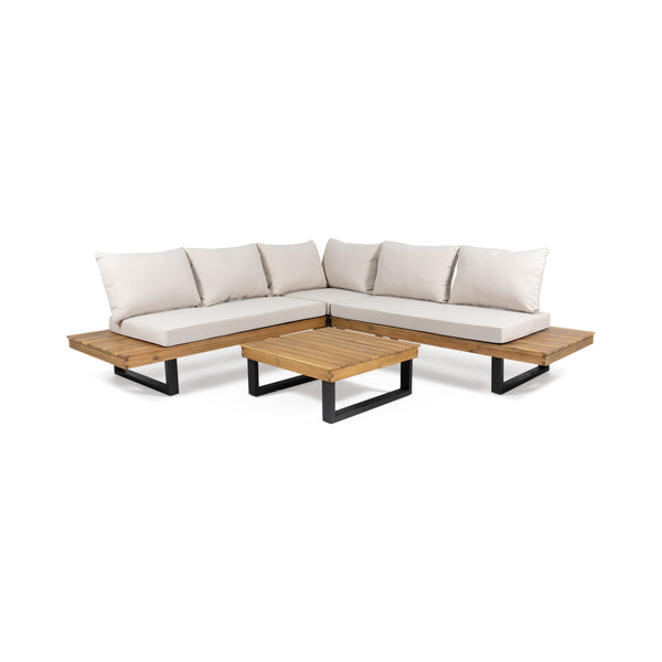gdf studio Sierra Outdoor Acacia Wood 5 Seater Sofa Sectional with Water-Resistant Cushions