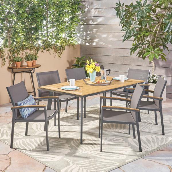 Gdf Studio Simon Outdoor 7 Piece Aluminum And Mesh Dining Set With Wood Top