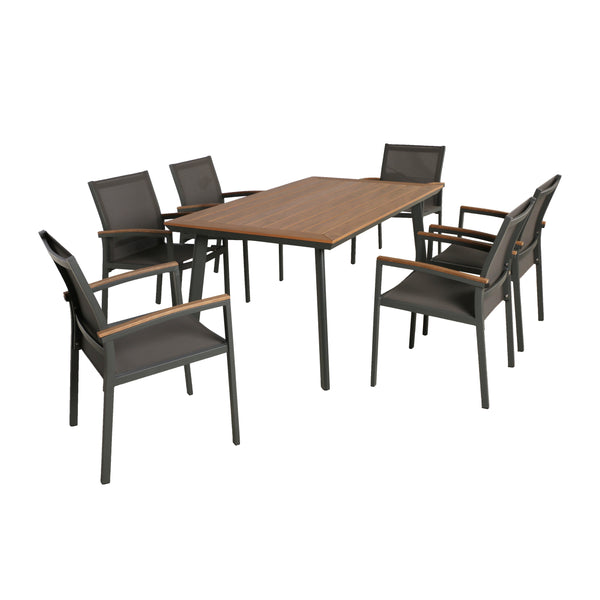 gdf studio Simon Outdoor 7 Piece Aluminum and Mesh Dining Set with Wood Top