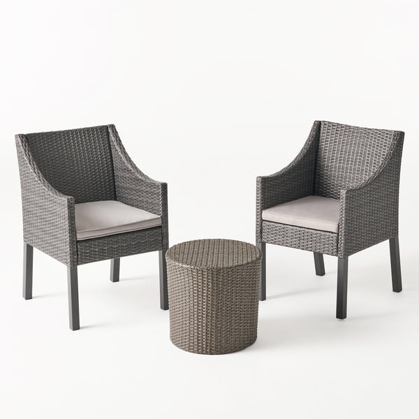 Gdf Studio Sims Outdoor 3 Piece Wicker Chat Set Grey With Silver Cushions