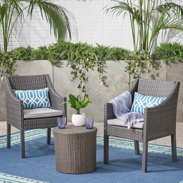 gdf studio Sims Outdoor 3 Piece Wicker Chat Set Grey with Silver Cushions