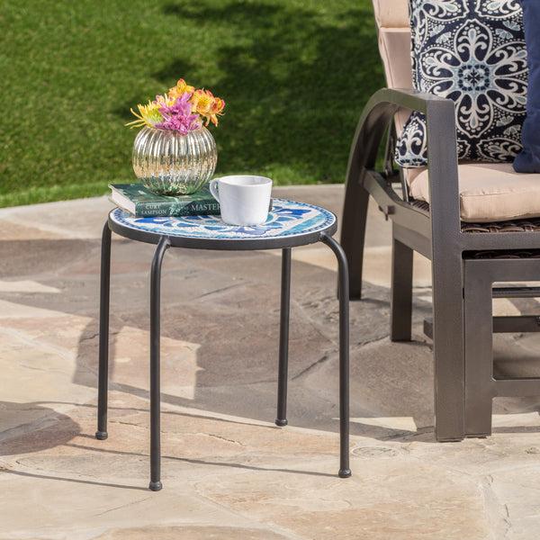 Gdf Studio Sindarin Outdoor Blue & White Ceramic Tile Iron Frame Side Table