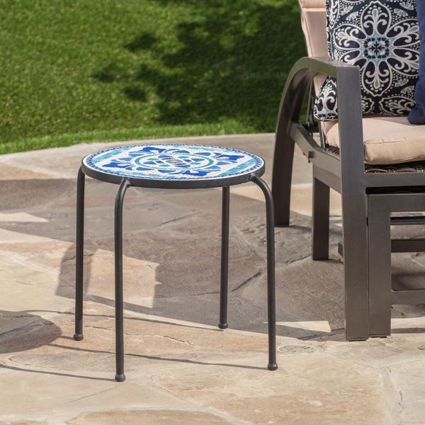 Gdf Studio Sindarin Outdoor Blue & White Ceramic Tile Iron Frame Side Table