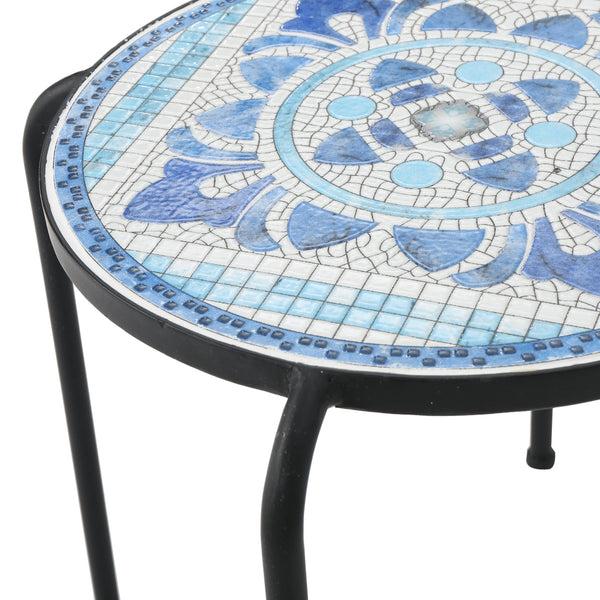 Gdf Studio Sindarin Outdoor Blue & White Ceramic Tile Iron Frame Side Table