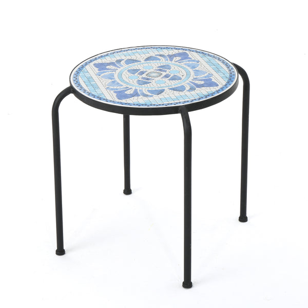 gdf studio Sindarin Outdoor Blue & White Ceramic Tile Iron Frame Side Table