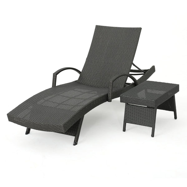 gdf studio Solaris Outdoor Gray Wicker Armed Chaise Lounge with Wicker Accent Table