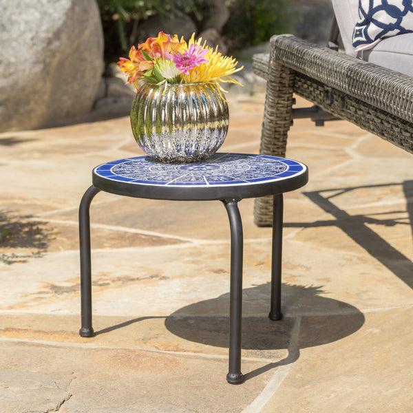 Gdf Studio Soleil Outdoor Blue & White Ceramic Tile Iron Frame Side Table