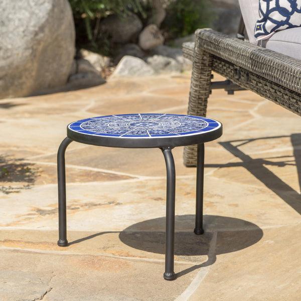 Gdf Studio Soleil Outdoor Blue & White Ceramic Tile Iron Frame Side Table