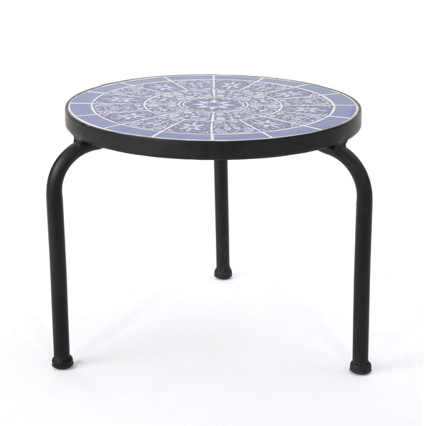 Gdf Studio Soleil Outdoor Blue & White Ceramic Tile Iron Frame Side Table