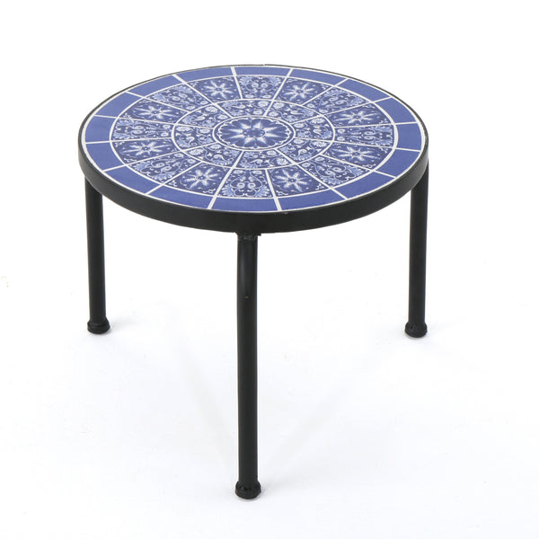 gdf studio Soleil Outdoor Blue & White Ceramic Tile Iron Frame Side Table