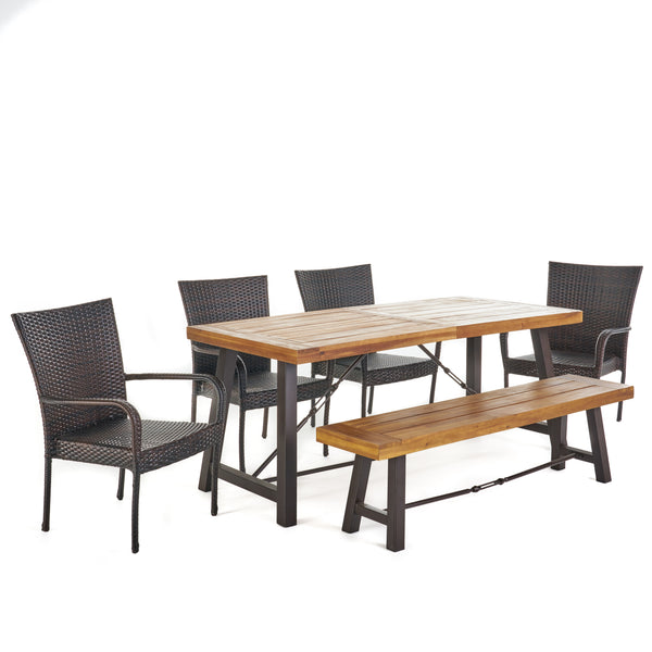 gdf studio Soltice Outdoor 6 Piece Teak Finished Acacia Wood Dining Set with Multi-brown Chairs