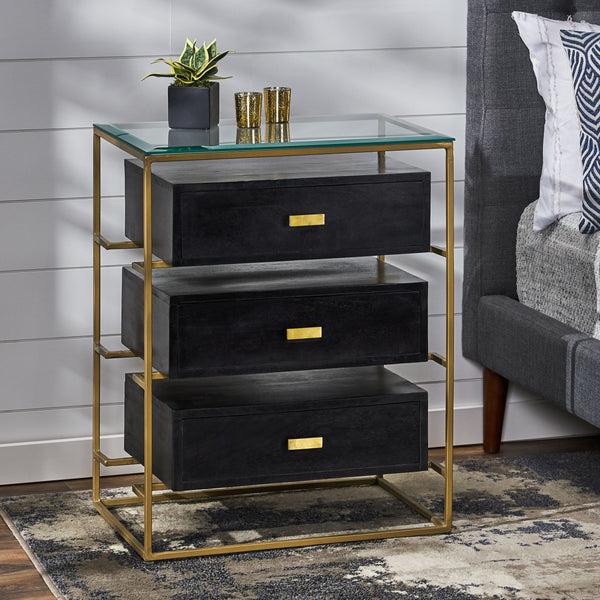 Gdf Studio Sonne Modern Handcrafted 3 Drawer Glass Top Nightstand Black And Brass