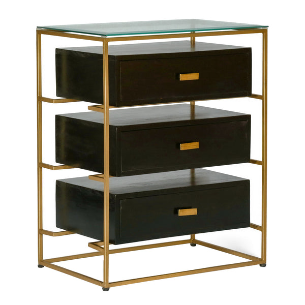 Gdf Studio Sonne Modern Handcrafted 3 Drawer Glass Top Nightstand Black And Brass
