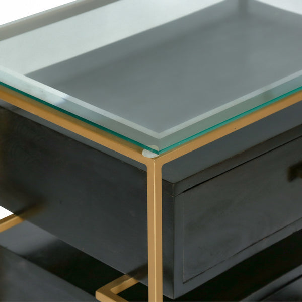 Gdf Studio Sonne Modern Handcrafted 3 Drawer Glass Top Nightstand Black And Brass