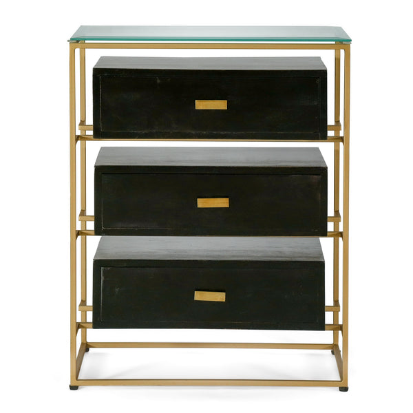 gdf studio Sonne Modern Handcrafted 3 Drawer Glass Top Nightstand Black and Brass