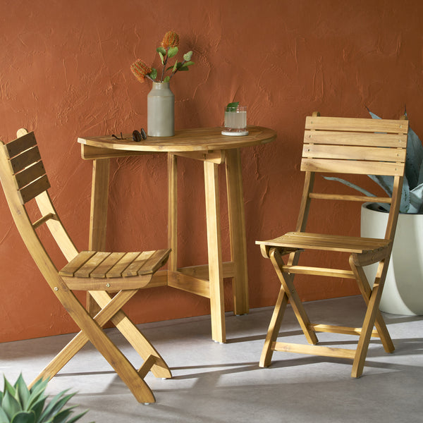 Gdf Studio Sophia Outdoor 2 Seater Half-Round Acacia Wood Bistro Table Set With Folding Chairs