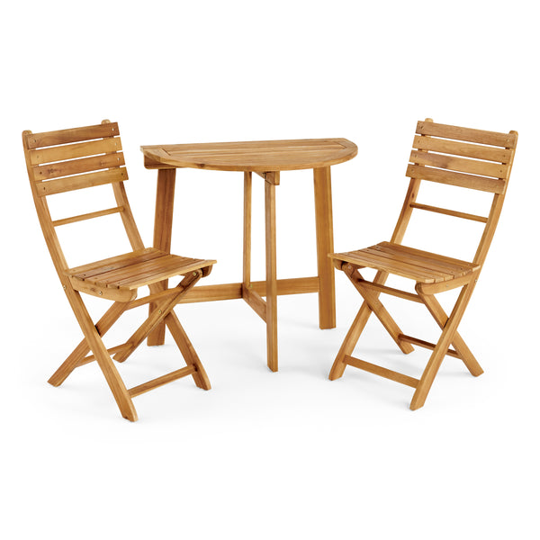 gdf studio Sophia Outdoor 2 Seater Half-Round Acacia Wood Bistro Table Set with Folding Chairs