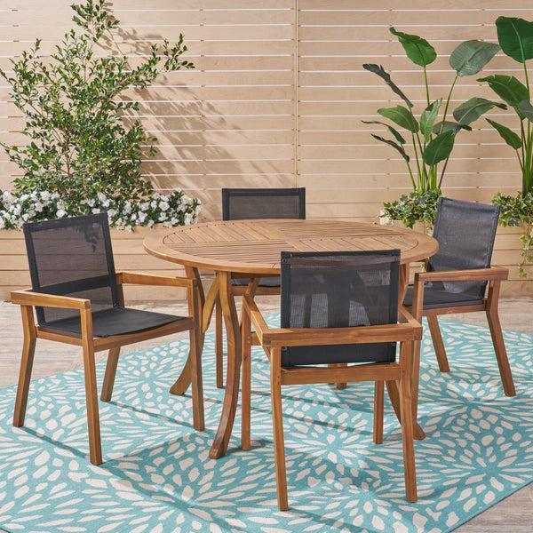 Gdf Studio Spencer Outdoor Acacia Wood 5 Piece Round Dining Set With Mesh Seats