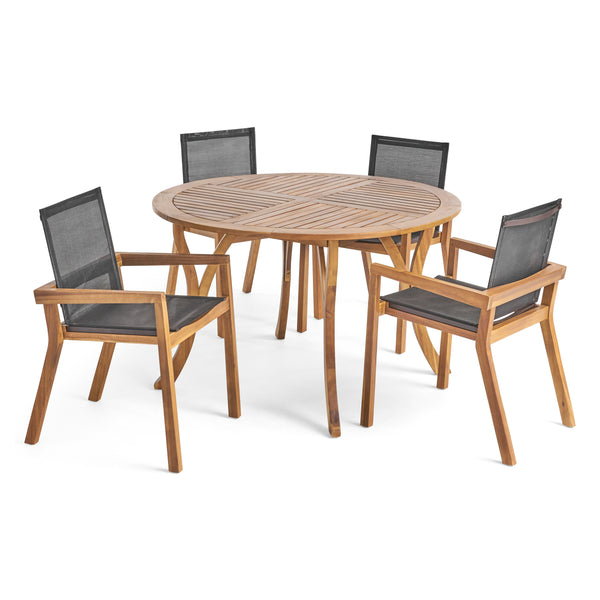gdf studio Spencer Outdoor Acacia Wood 5 Piece Round Dining Set with Mesh Seats