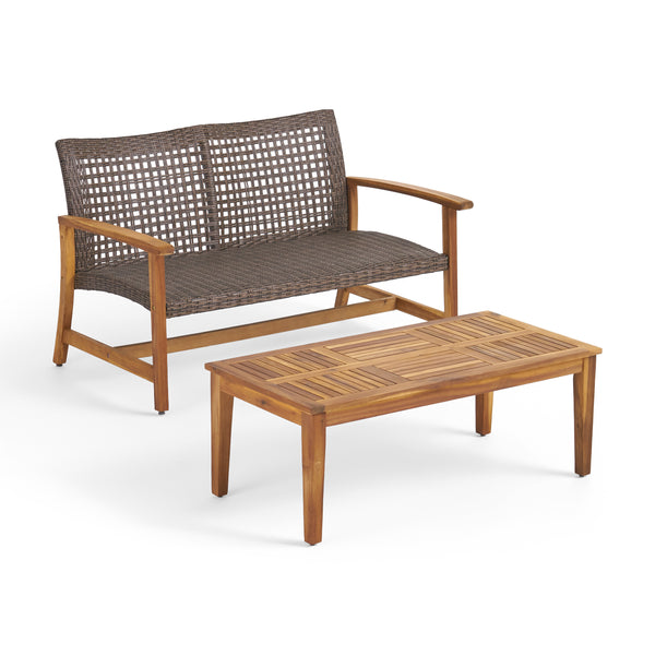 Gdf Studio Spring Spender Outdoor Wood And Wicker Loveseat And Coffee Table Set