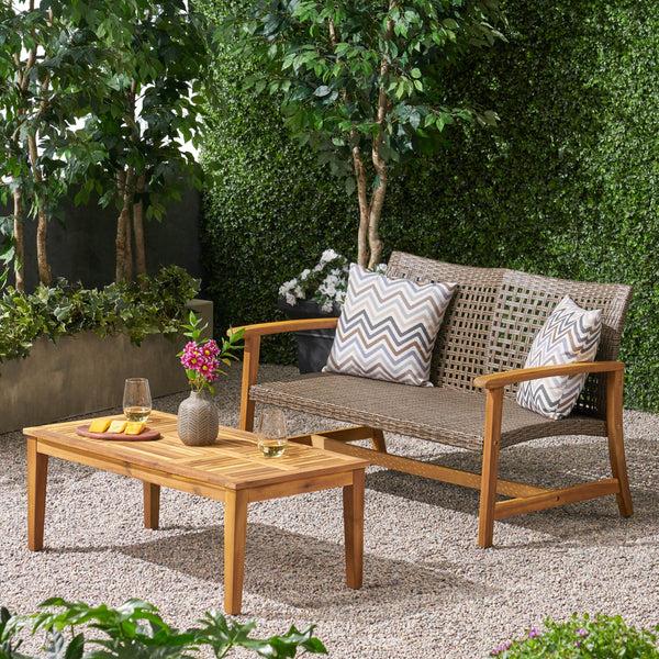 Gdf Studio Spring Spender Outdoor Wood And Wicker Loveseat And Coffee Table Set