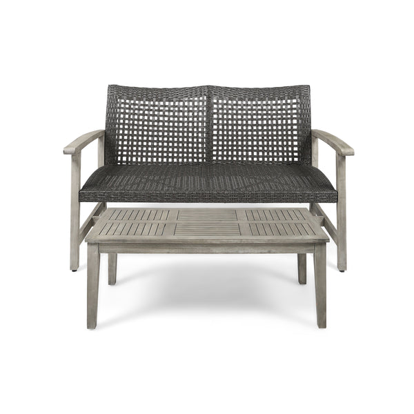 gdf studio Spring Spender Outdoor Wood and Wicker Loveseat and Coffee Table Set
