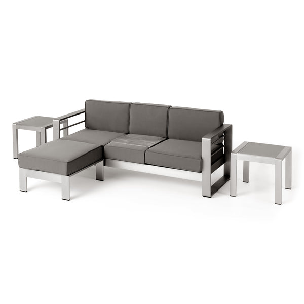 gdf studio Stacy Outdoor 3 Seater Aluminum Sofa and Ottoman Set with Side Tables