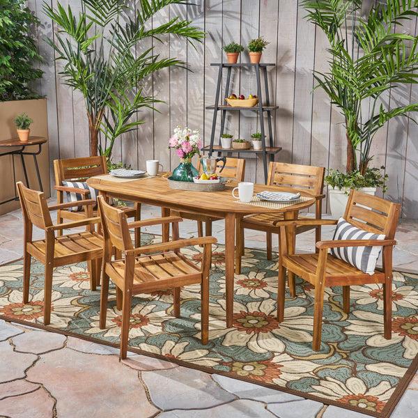 Gdf Studio Stanford Patio Dining Set 71" 6-Seater Oval Table Acacia Wood With Teak Finish