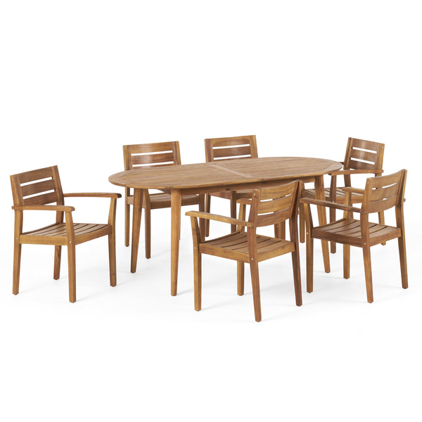gdf studio Stanford Patio Dining Set 71" 6-Seater Oval Table Acacia Wood with Teak Finish