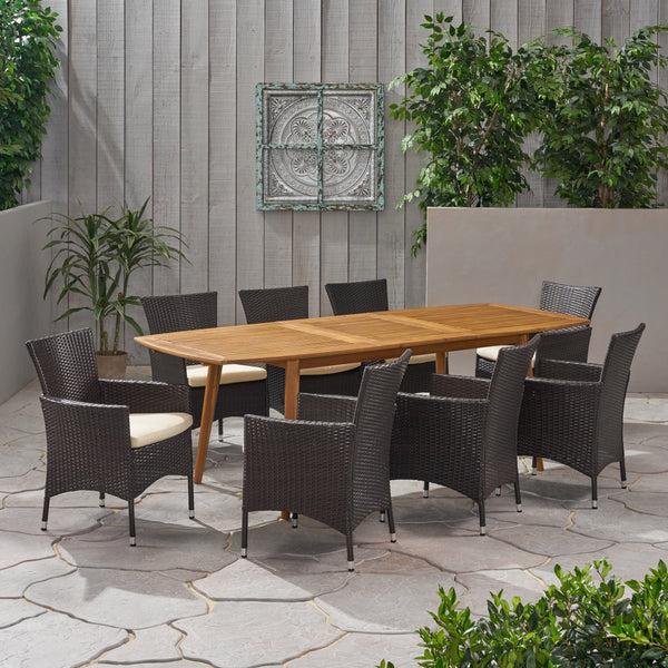 Gdf Studio Stefan Outdoor Wood And Wicker Expandable 8 Seater Dining Set