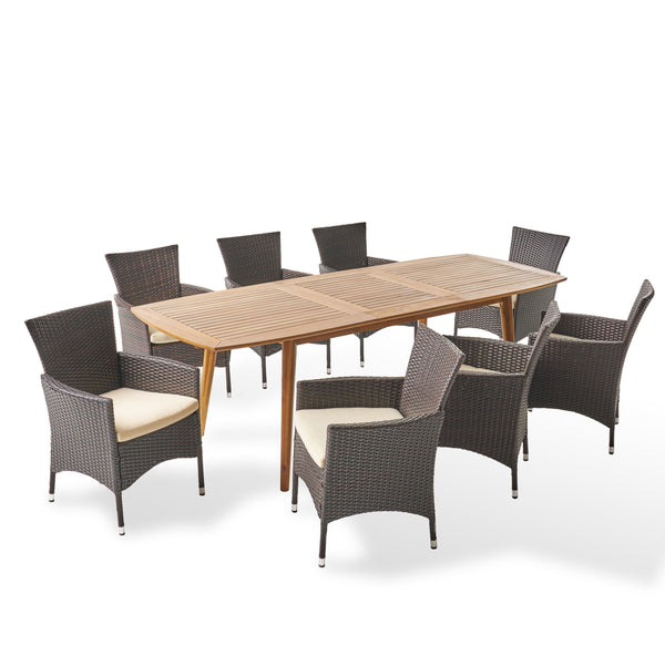 gdf studio Stefan Outdoor Wood and Wicker Expandable 8 Seater Dining Set