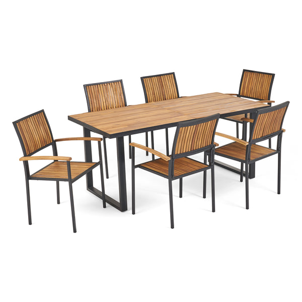 Gdf Studio Stoic Outdoor 6 Seater Acacia Wood Dining Set With An Iron Frame