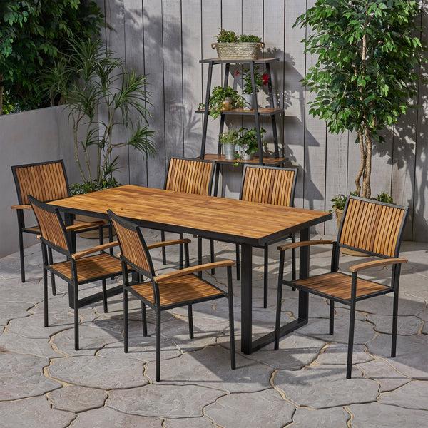 Gdf Studio Stoic Outdoor 6 Seater Acacia Wood Dining Set With An Iron Frame