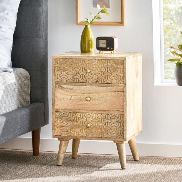 Gdf Studio Stowe Boho Handcrafted Mango Wood 3 Drawer Nightstand Natural