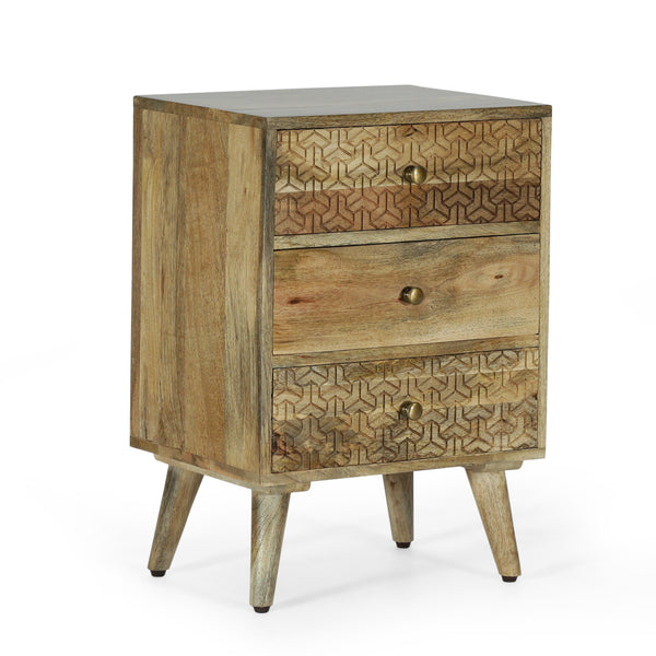 gdf studio Stowe Boho Handcrafted Mango Wood 3 Drawer Nightstand Natural