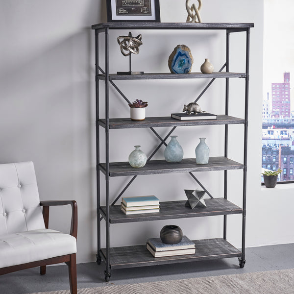 Gdf Studio Sullivan Industrial Design 5-Shelf Etagere Bookcase On Wheels