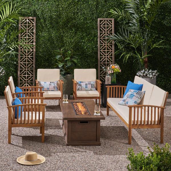 Gdf Studio Suzanne Sophia Outdoor 7 Piece Acacia Wood Chat Set With Fire Pit