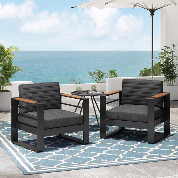 Gdf Studio Swanton Outdoor Aluminum Club Chairs With Water Resistant Cushions Set Of 2 Dark Gray Natural And Black