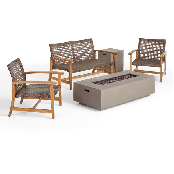 Gdf Studio Tabby Outdoor 5 Piece Wood And Wicker Chat Set With Fire Pit
