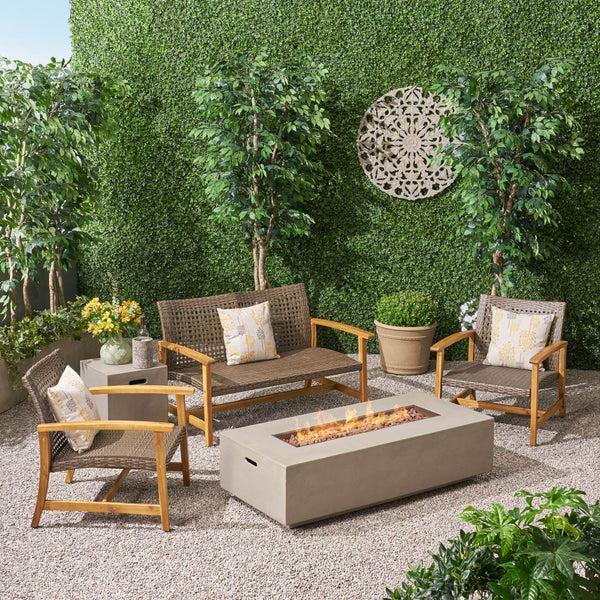 Gdf Studio Tabby Outdoor 5 Piece Wood And Wicker Chat Set With Fire Pit