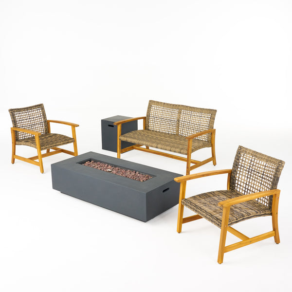 gdf studio Tabby Outdoor 5 Piece Wood and Wicker Chat Set with Fire Pit