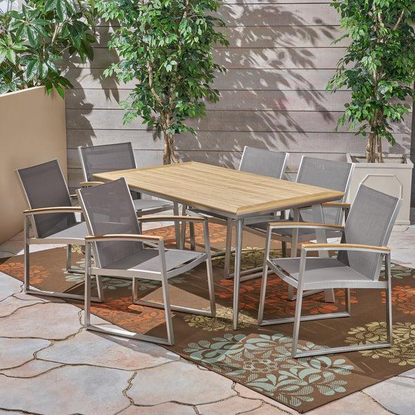 Gdf Studio Tabby Outdoor Aluminum 7-Piece Dining Set With Mesh Chairs And Faux Wood Top