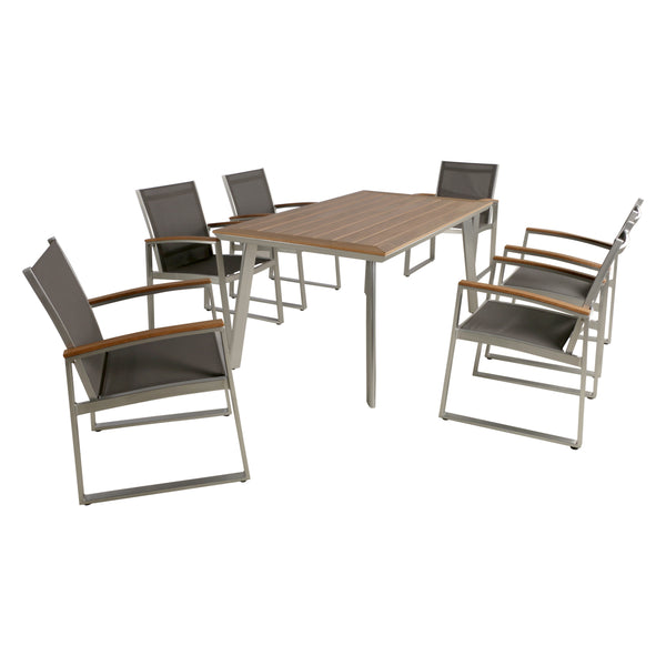 gdf studio Tabby Outdoor Aluminum 7-Piece Dining Set with Mesh Chairs and Faux Wood Top