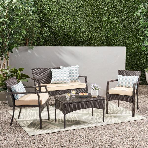 Gdf Studio Tahiti Outdoor 4 Piece Multi-brown Wicker Chat Set With Dark Cream Water Resistant Fabric Cushions