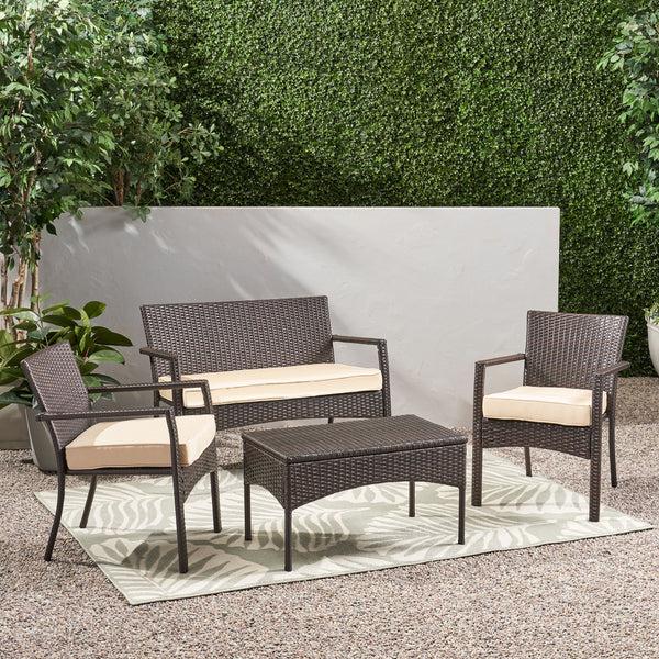 Gdf Studio Tahiti Outdoor 4 Piece Multi-brown Wicker Chat Set With Dark Cream Water Resistant Fabric Cushions