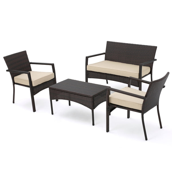 gdf studio Tahiti Outdoor 4 Piece Multi-brown Wicker Chat Set with Dark Cream Water Resistant Fabric Cushions